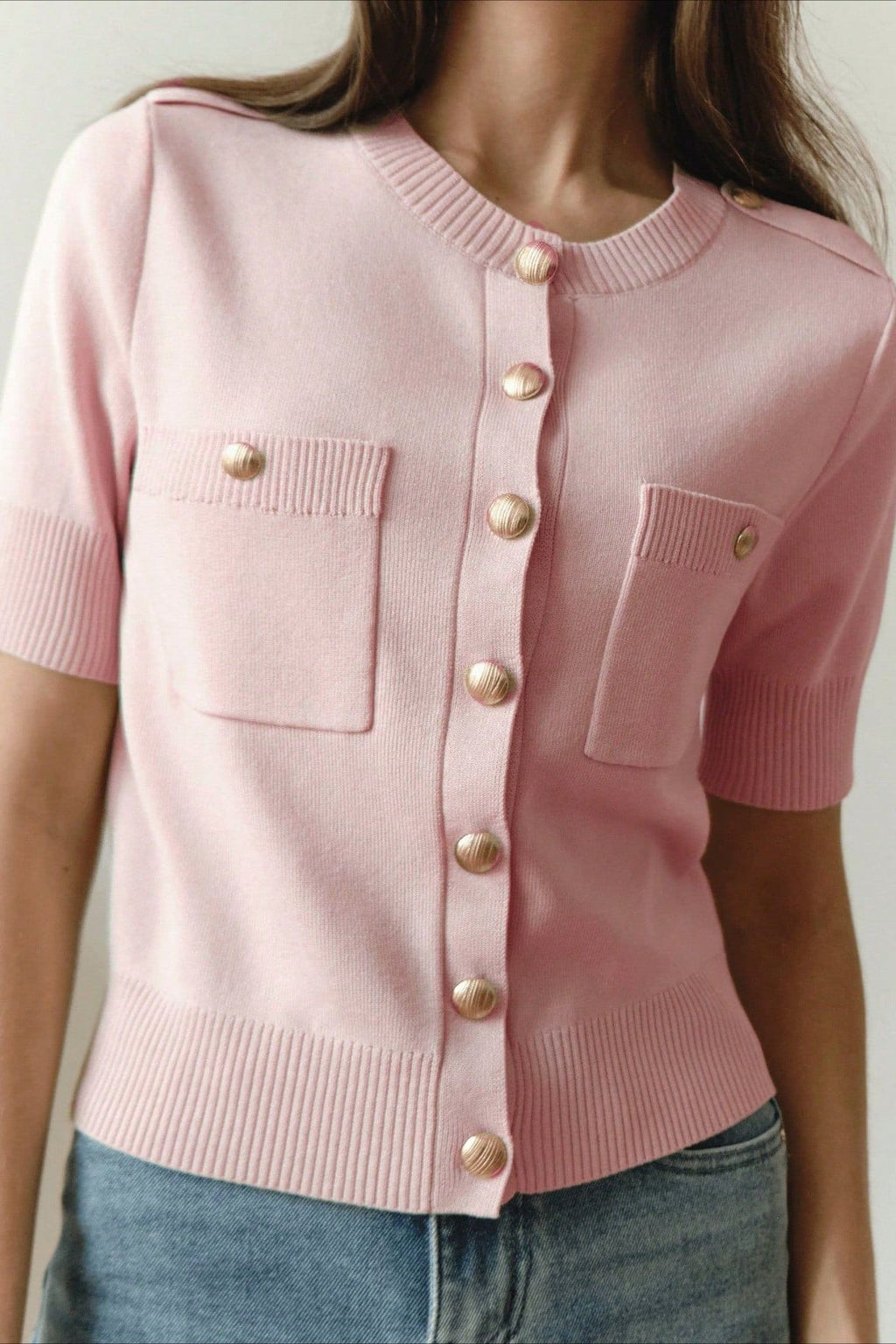 Short Sleeve Pocket Button Knit Cardigan
