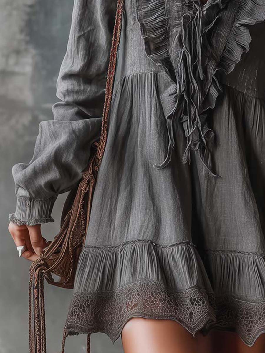 Ruffled V-Neck Cotton-Linen Mini Dress