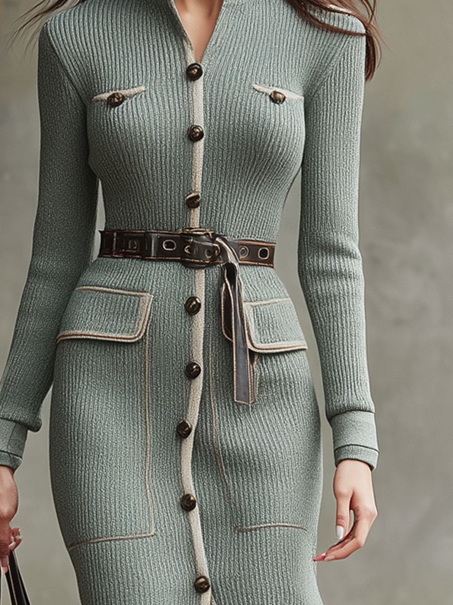 Vintage Pocket Contrast Trim Knit Midi Dress