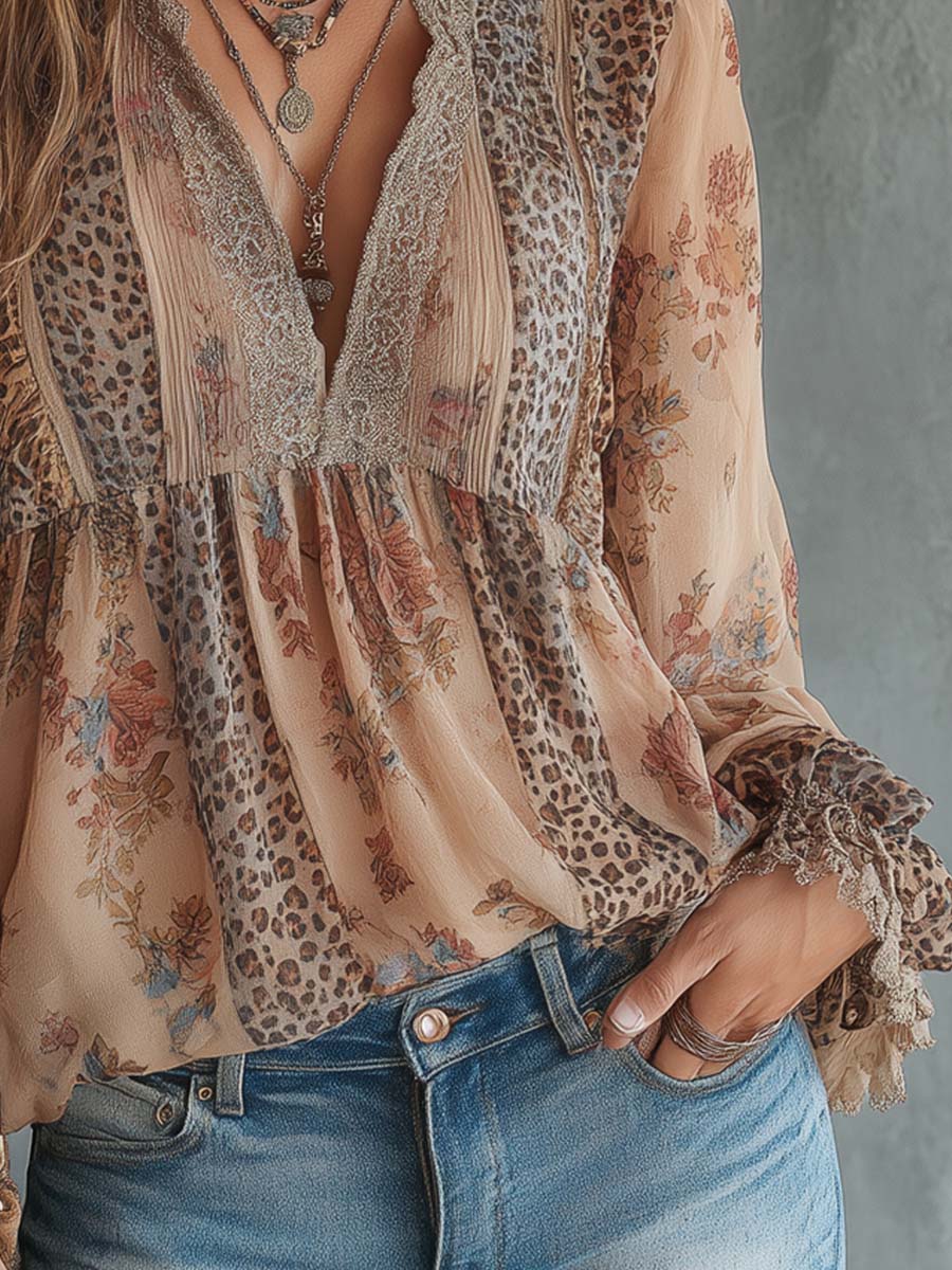 Vintage Leopard Print Floral Lace Blouse