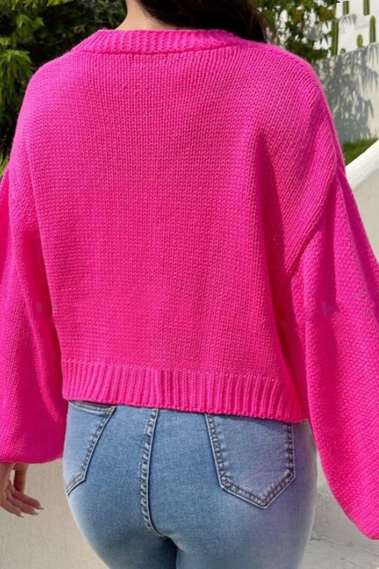 Floral Applique V Neck Button Knit Cardigan