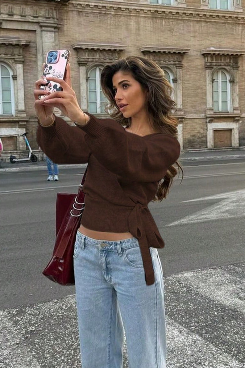 Wrap Tie V Neck Cropped Sweater