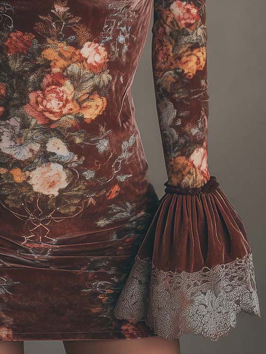 Vintage Floral Velvet Lace Mini Dress