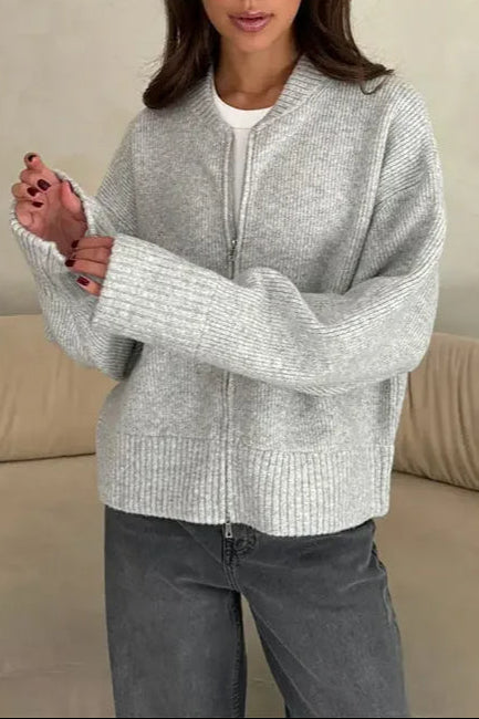 Pleated Knit O Neck Zipper Cardigan