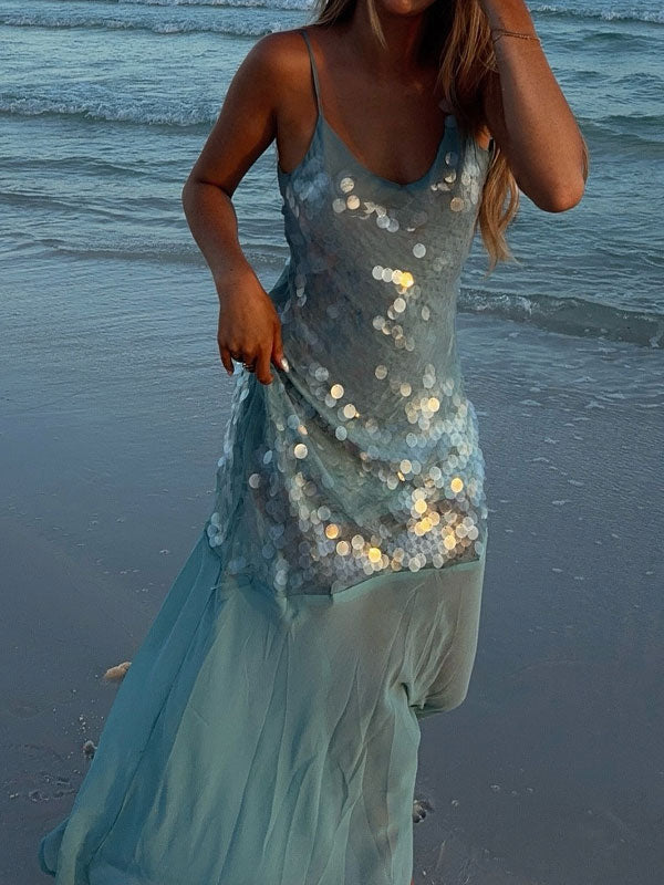 Thin straps sequin maxi dress