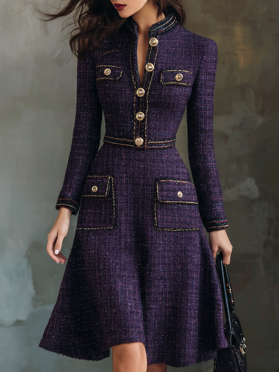 Vintage Buttons Chanel Style  Tweed Midi Dress