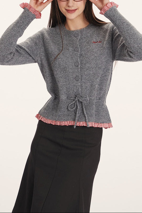 Panel-Design Waist-Cinched Slim Knit Cardigan