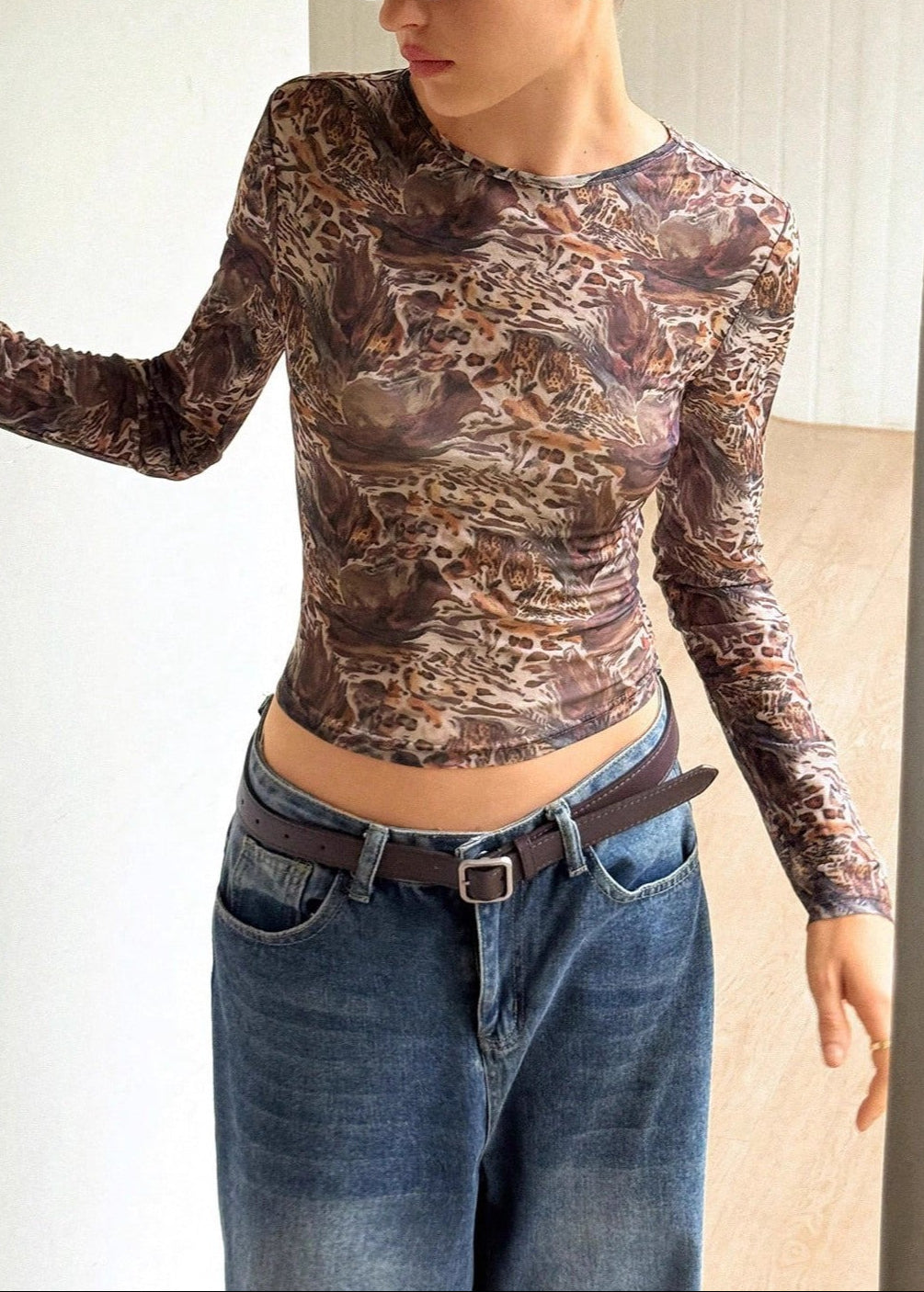Mesh Sheer Leopard Print Slim Fit Long Sleeve Tee