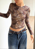 Mesh Sheer Leopard Print Slim Fit Long Sleeve Tee