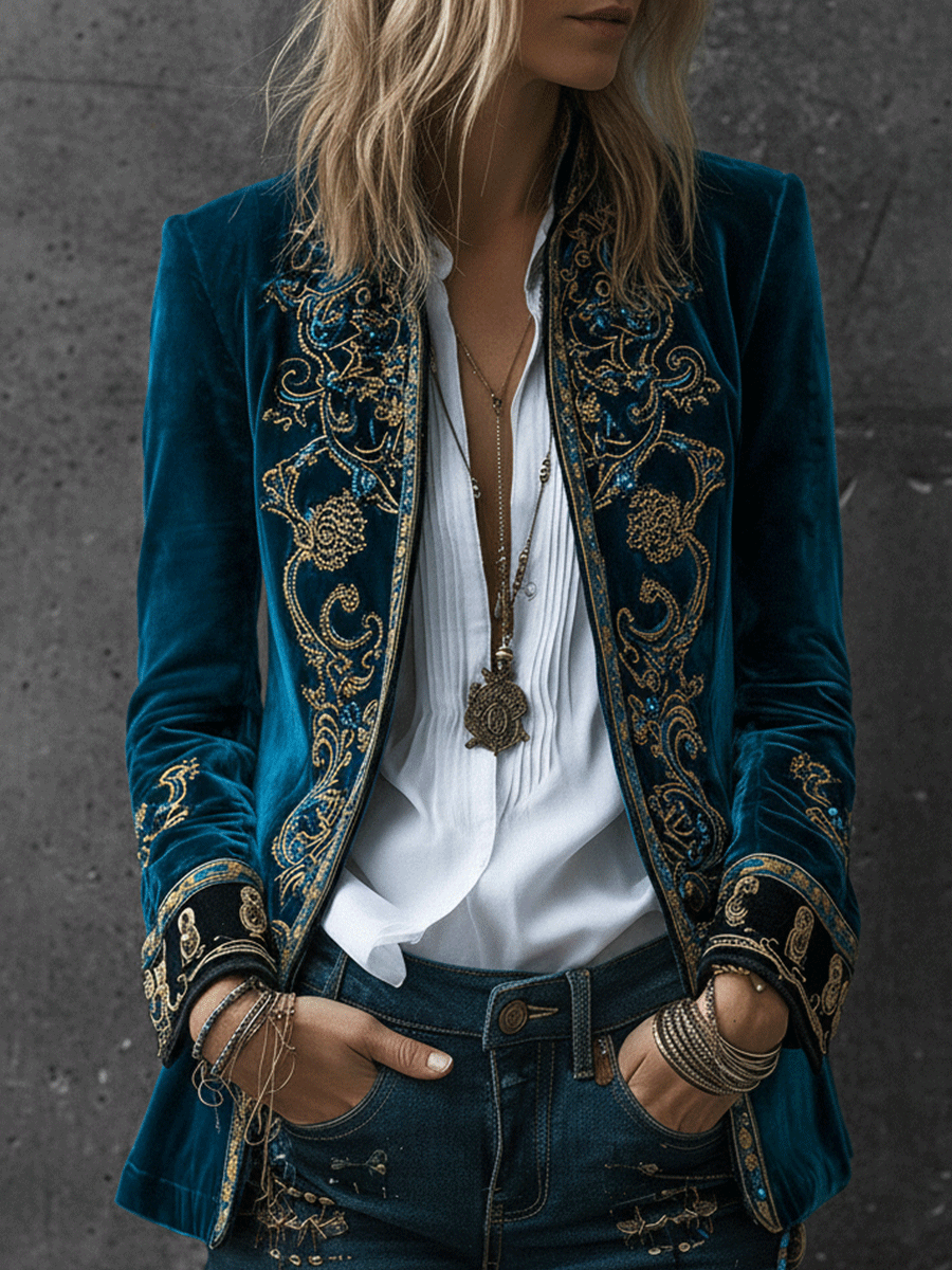 Boho Royal Teal Velvet Embroidered Luxe Jacket
