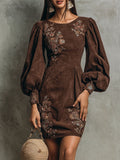Boho Brown Puff Sleeve Floral Embroidered Suede Mini Dress