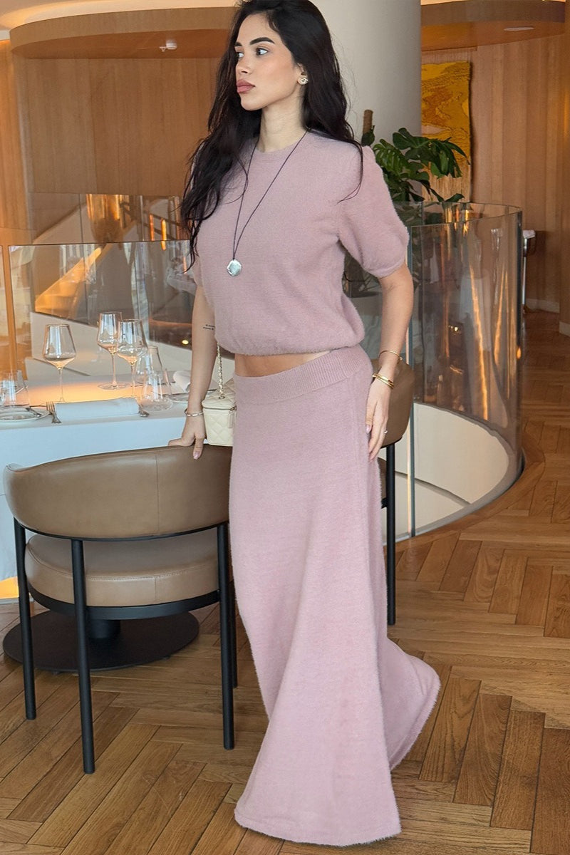 Elbow Sleeve Knit Top Maxi Skirt Set