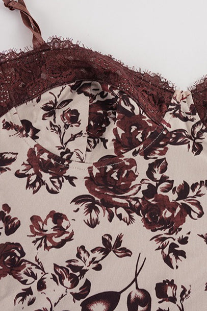 Brown Floral Lace Trim Cami Maxi Dress