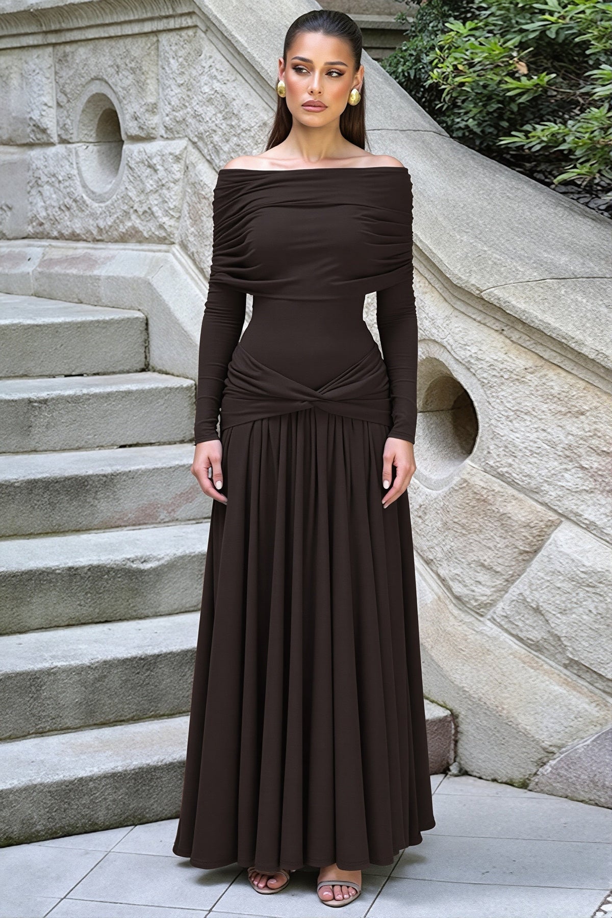Drop Waist Pleated Off Shoulder Maxi Dress