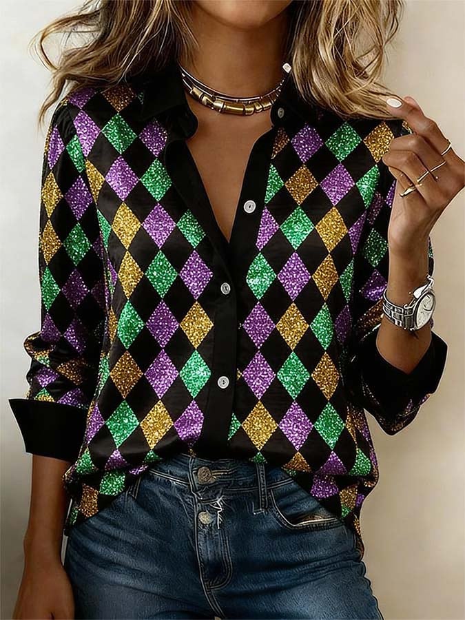 Women'S Casual Lapel Color-Block Printed Shirt
