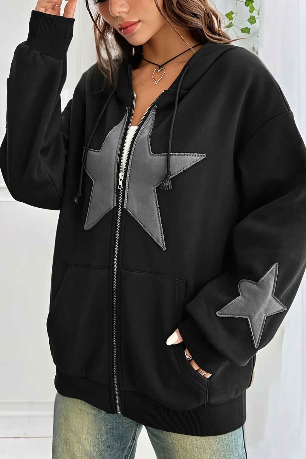 Star Contrast Oversize Zip Hoodie
