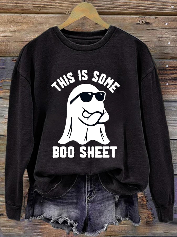 Women's Halloween This Is Some Boo Sheet Printed Crew Neck Long Sleeve Sweatshirt