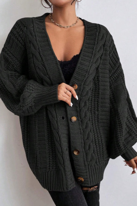 Oversized Cable Knit V Neck Button Cardigan