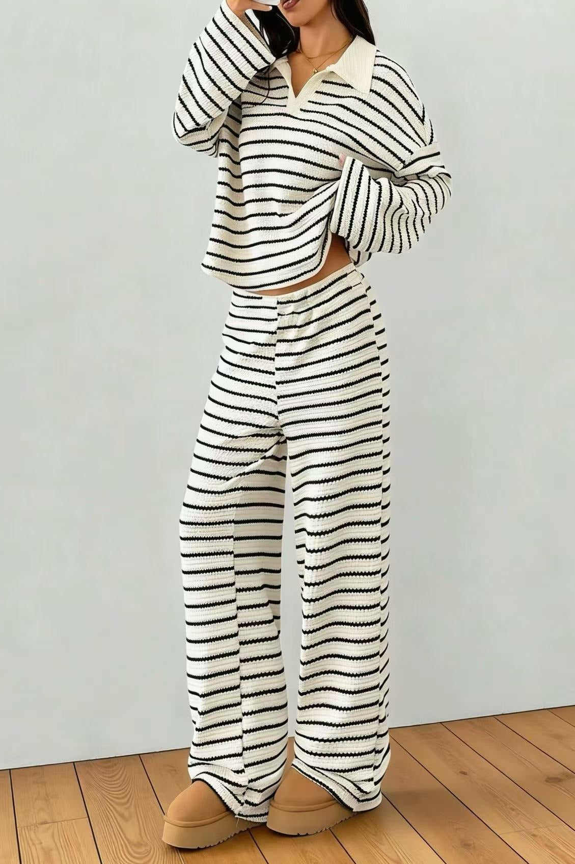 Contrast Stripe Polo Knit Lounge Set