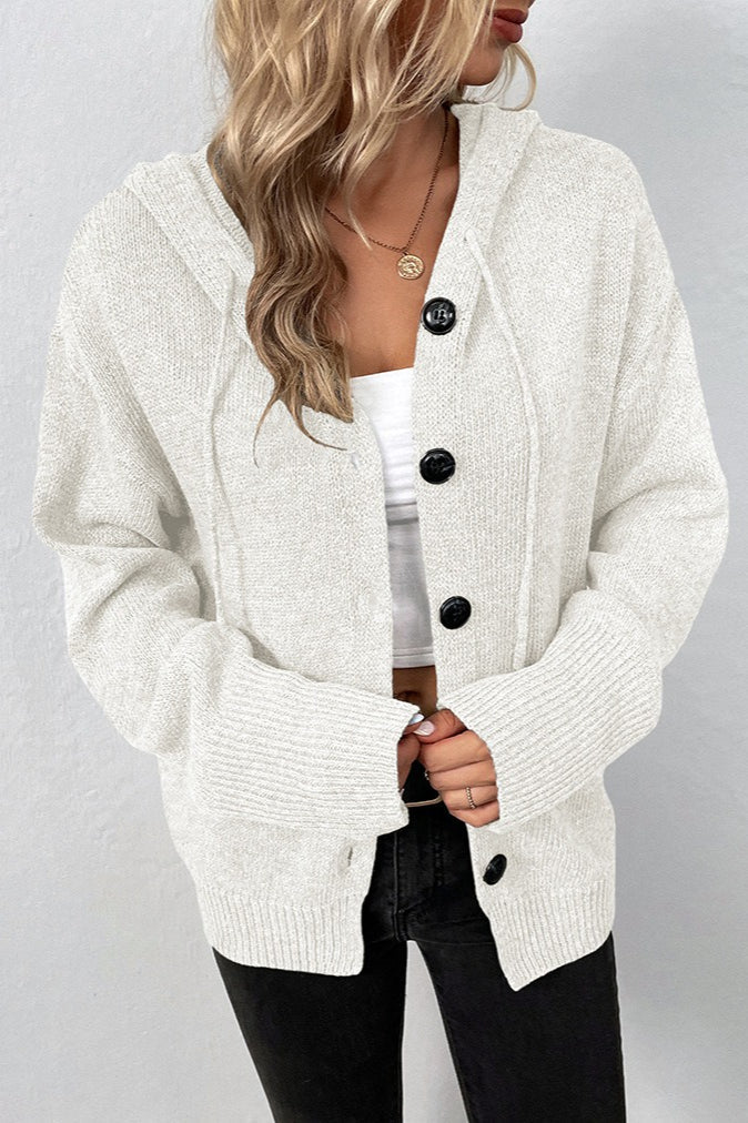 Hooded Drawstring Button Front Knit Cardigan