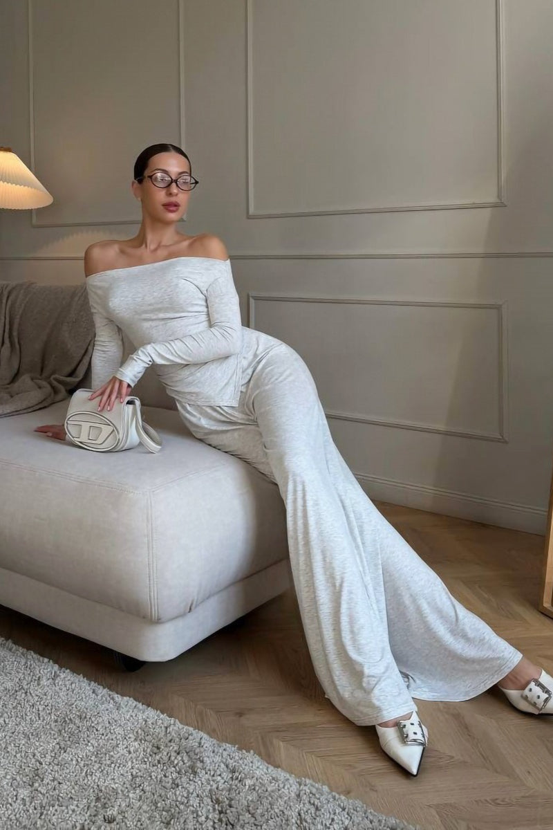 Off Shoulder Knit Top Wide Leg Pants Set