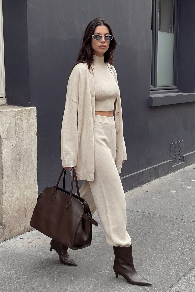 Cardigan Camisole Wide Leg Pants Knit Set