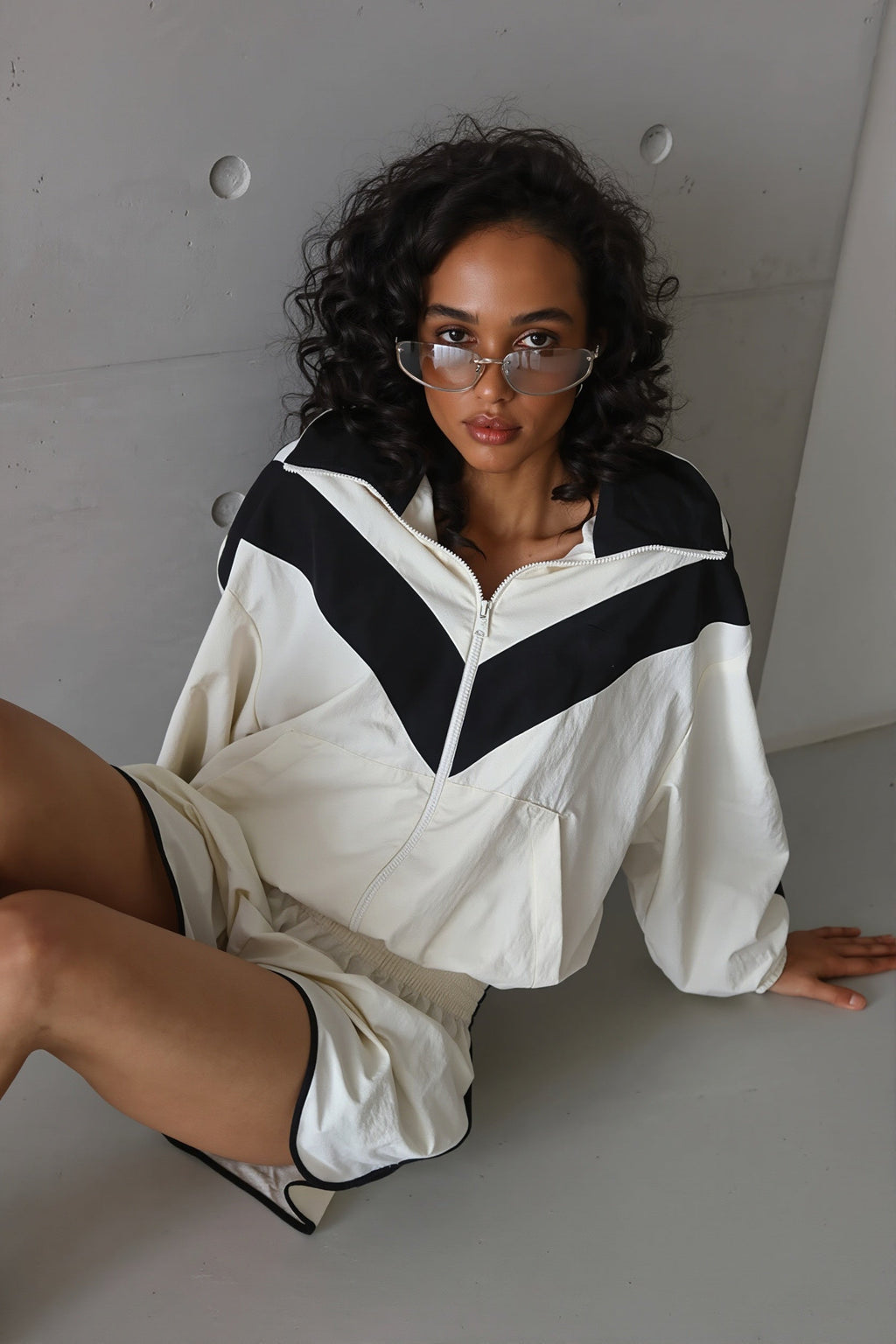 Color Block Windbreaker and Runner Shorts Set