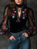 Retro Velvet Embroidered Mesh Stitching Blouse