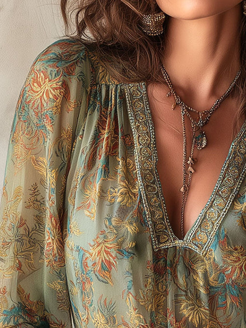 Boho Floral Sheer Chiffon Blouse With Lace Accent