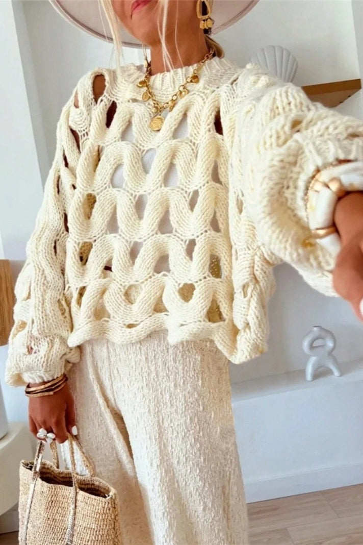 Openwork Leaf Texture Crew Neck Knit Sweater