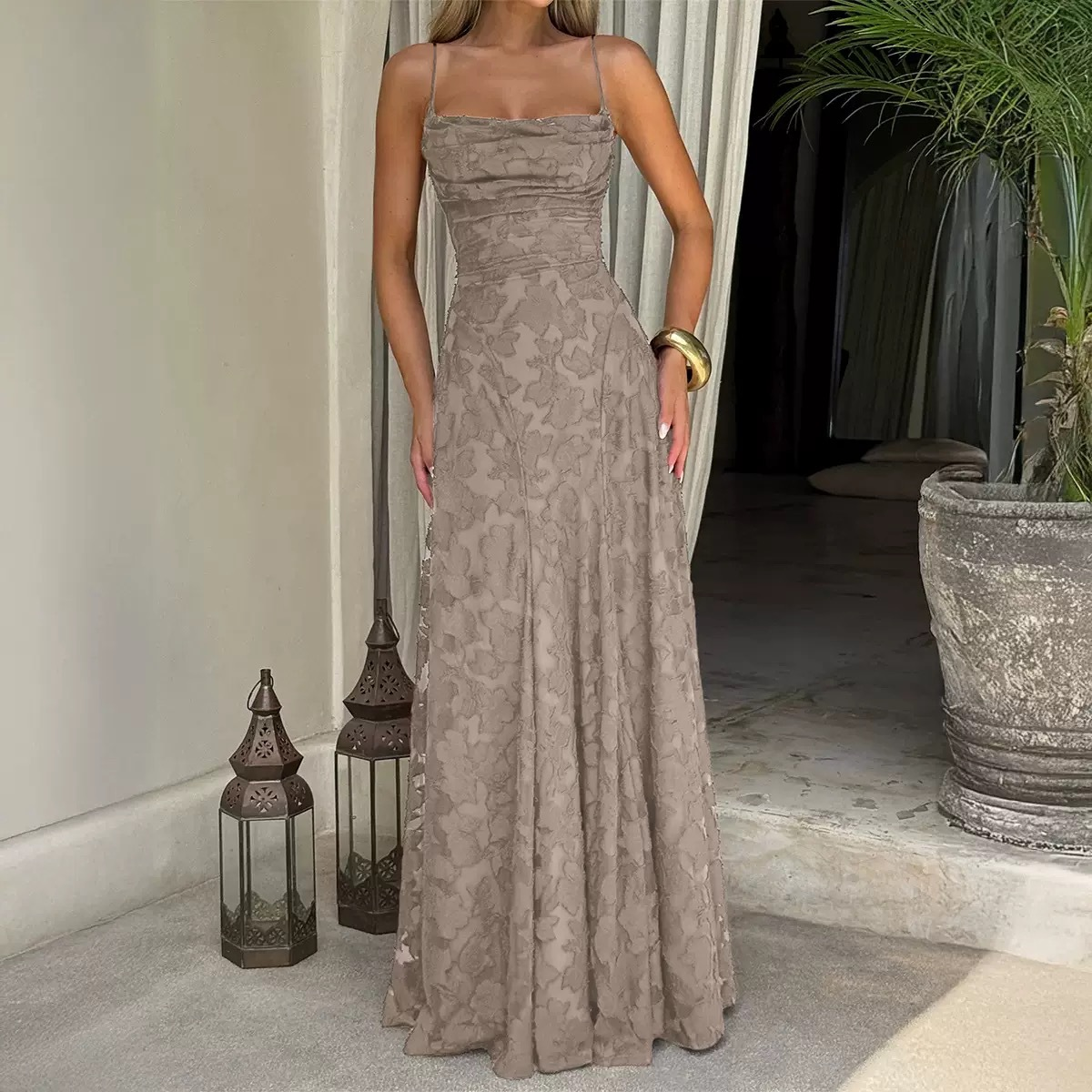Thin straps jarquard maxi dress