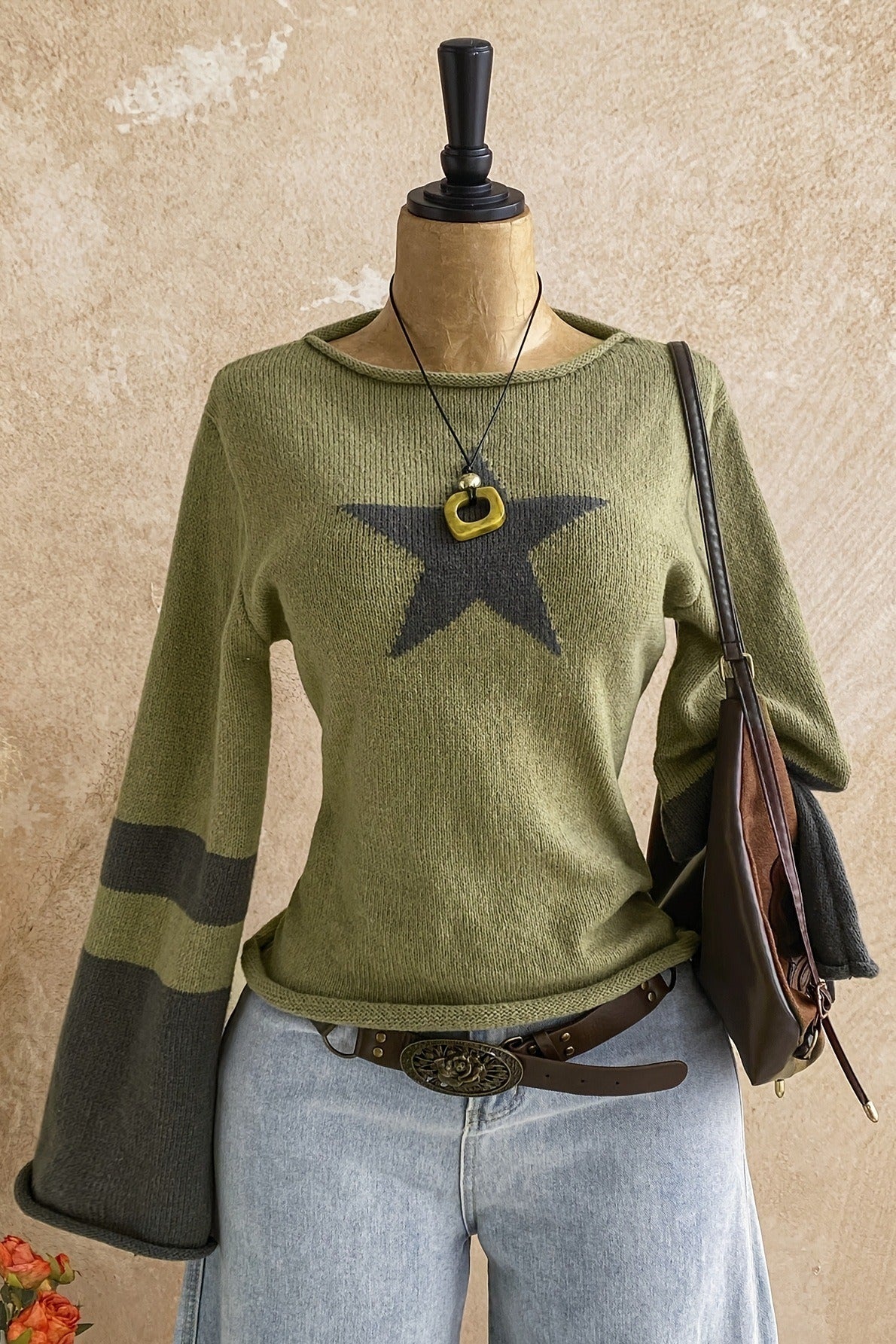 Star Graphic Bell Sleeve Boat Neck Sweater