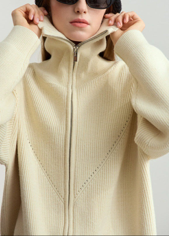 Naval-Collar Zip Lazy-Style Thick Knit Cardigan