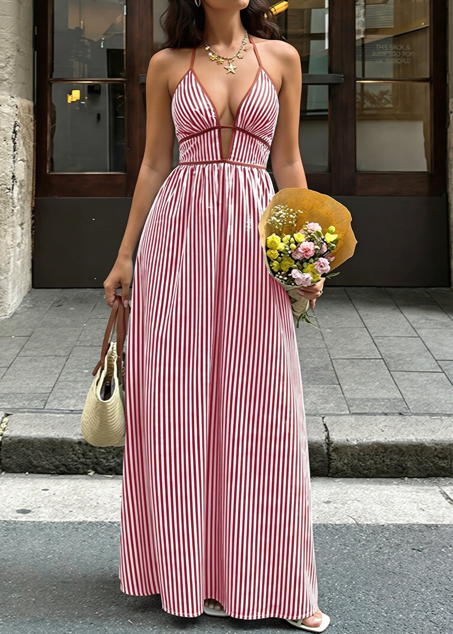 Slim Striped Halter Backless Beach Cami Maxi Dress