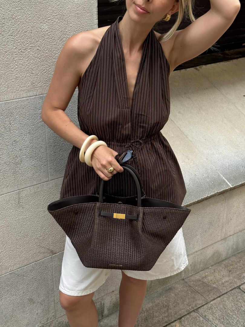 Brown Striped Halter Top And Shorts Two-Piece Set