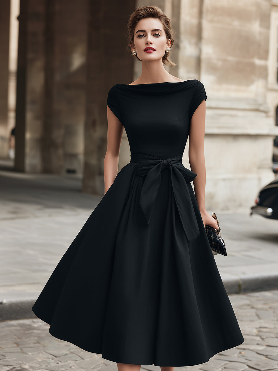 Cap-Sleeve Bow-Waist Midi Dress