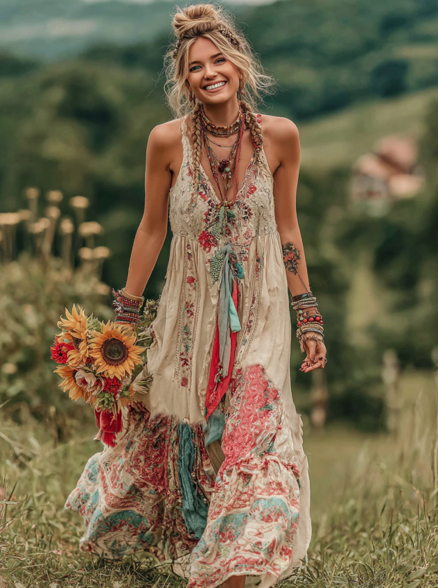 Women's Boho Floral Art Comfy Sleeveless Maxi Dress