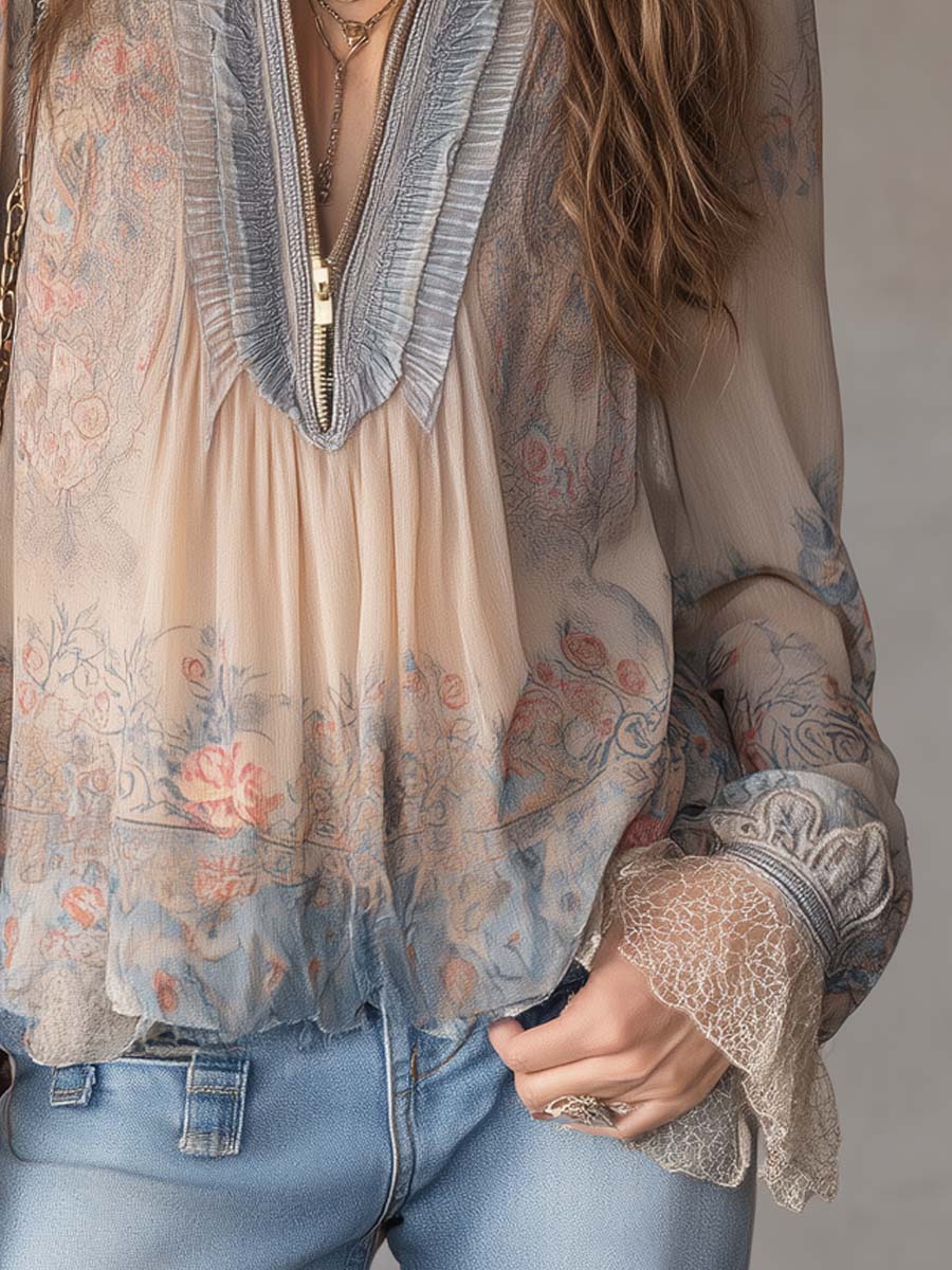 Vintage-style Ruffled Collar Floral Chiffon Blouse