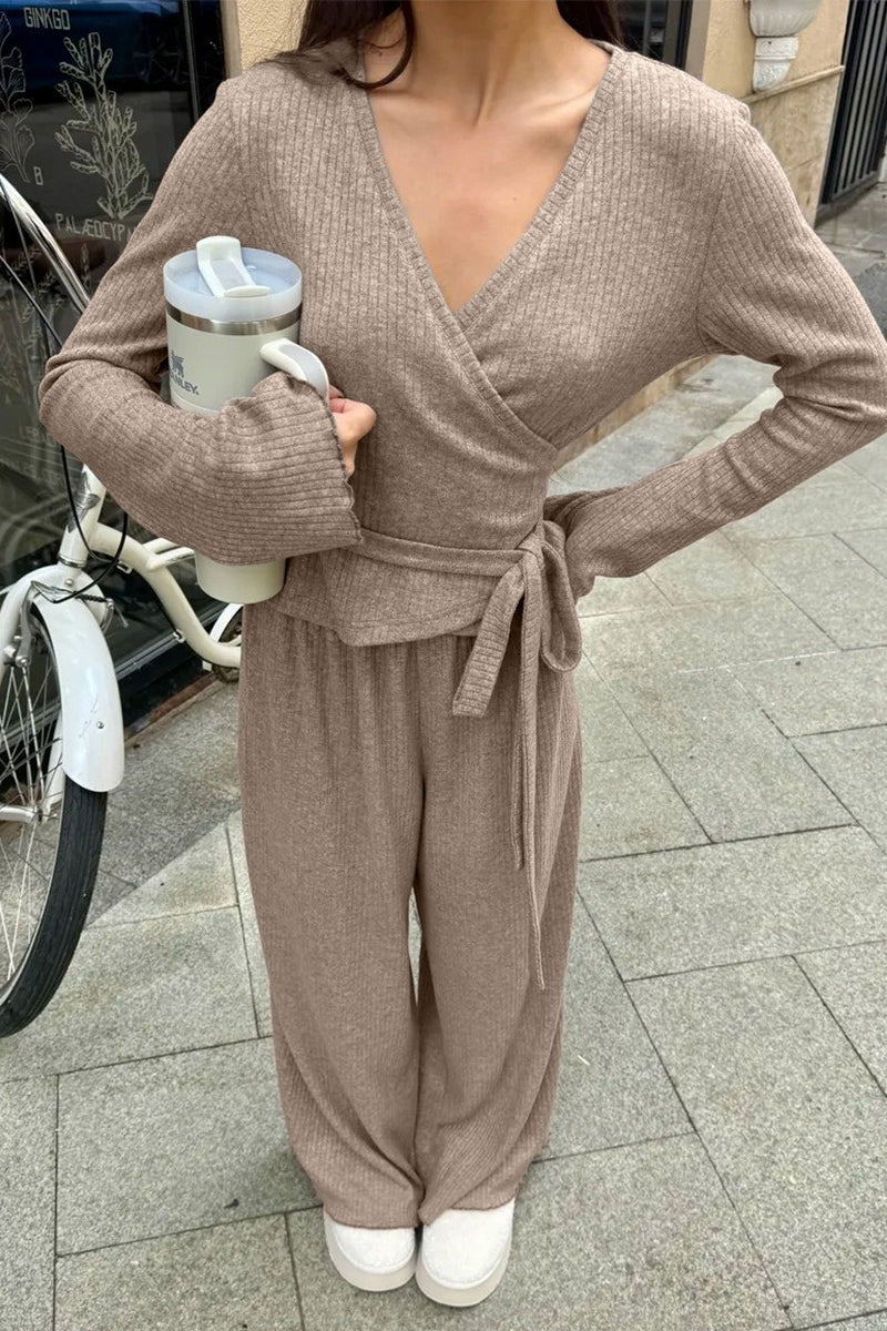 Ribbed V Neck Tie Top Wide Leg Pants Set