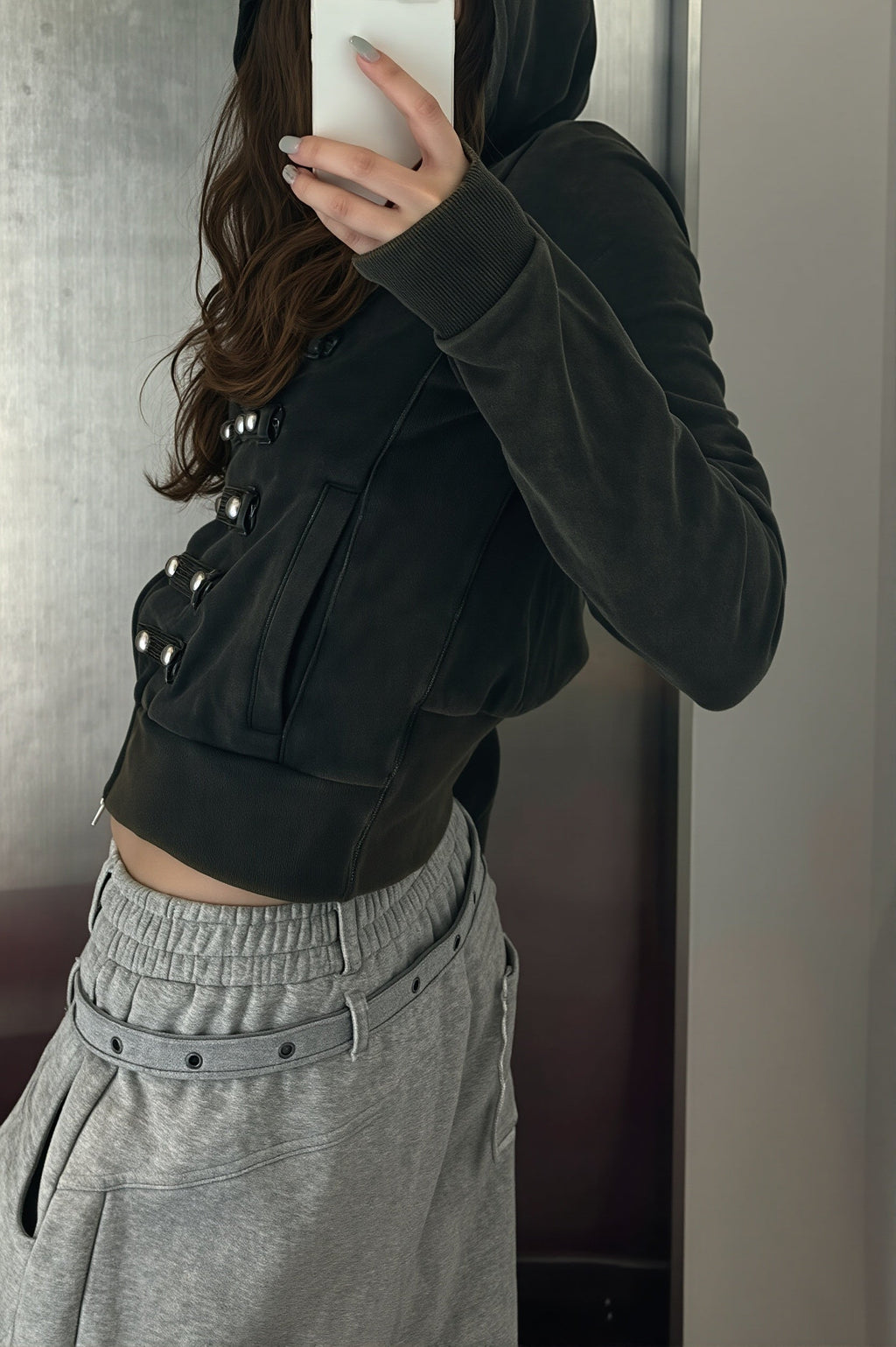 Studded Corset Detail Fitted Zip Hoodie