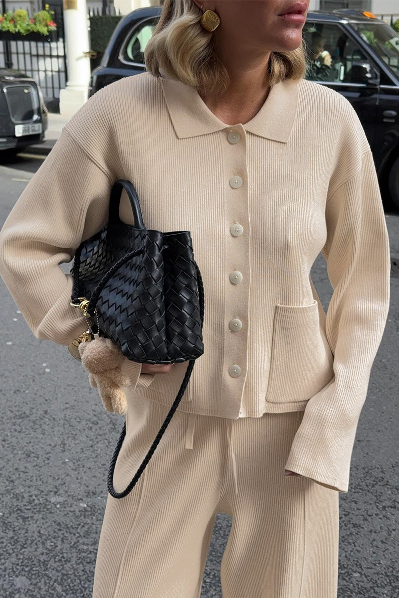 Collared Cardigan Wide Leg Pants Knit Set