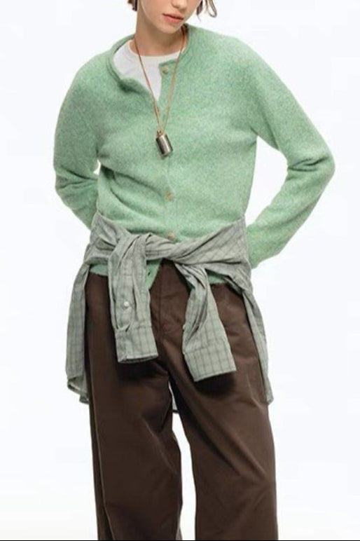 Green Wool Blend Crew Neck Knit Cardigan