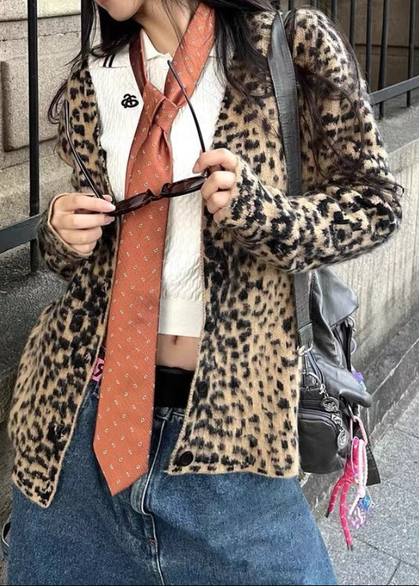 Leopard Print V Neck Knit Blouse