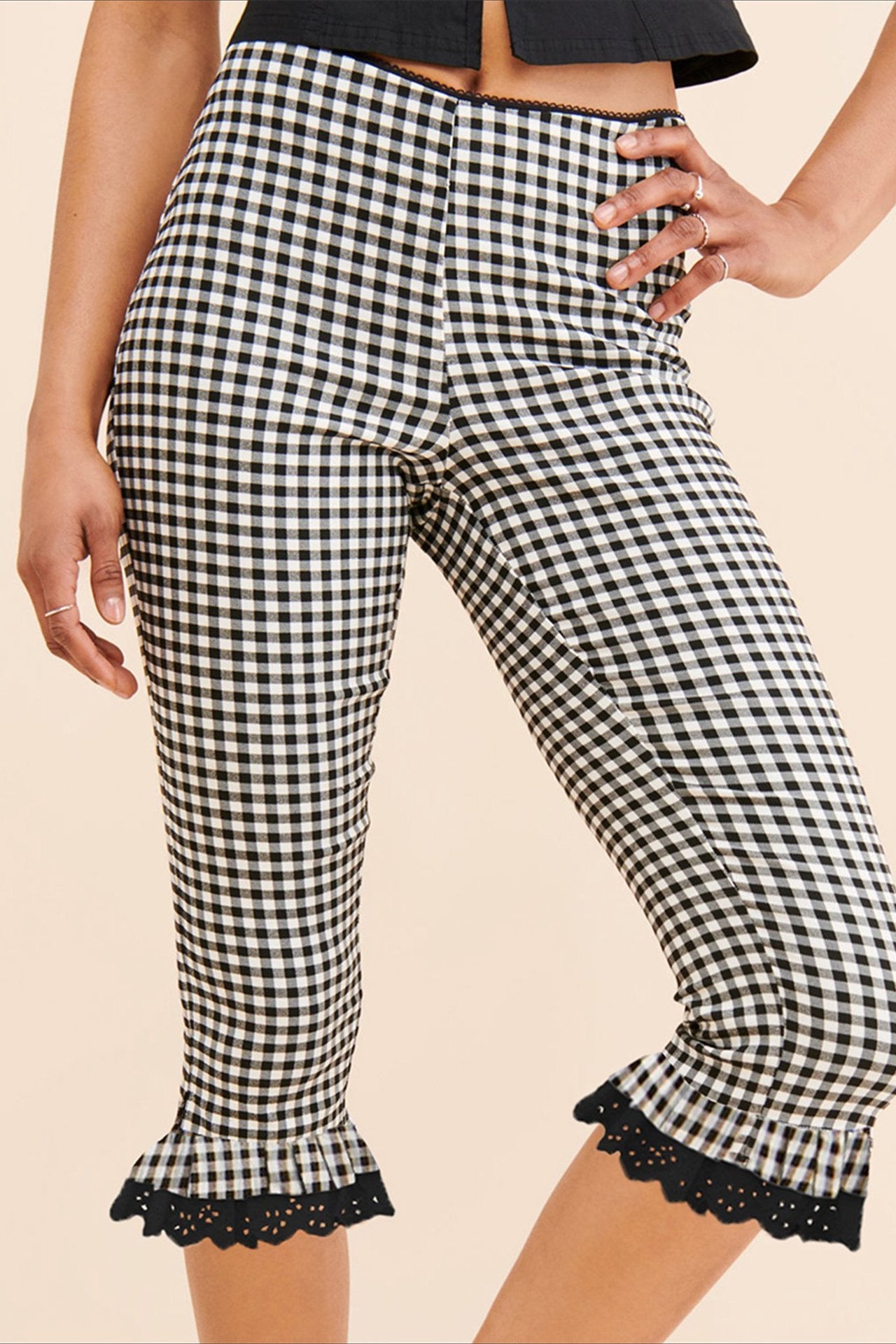 Plaid Lace Ruffle Cropped Skinny Pants