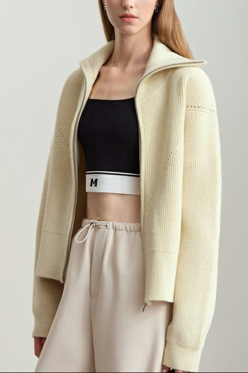 Naval-Collar Zip Lazy-Style Thick Knit Cardigan