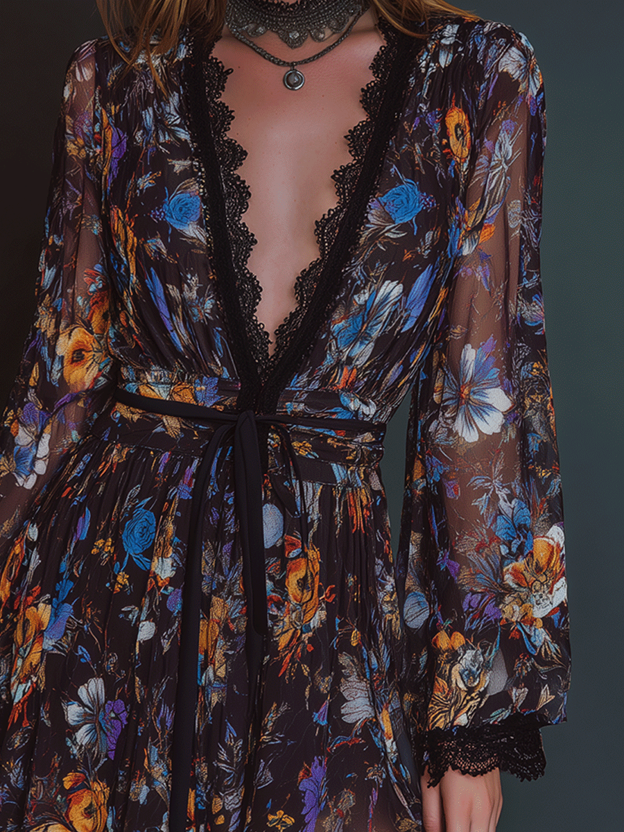 Boho Sheer Romance Midnight Floral Mini Dress