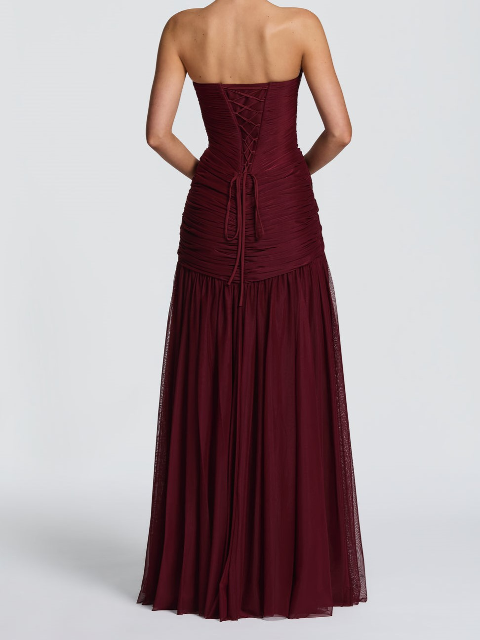 Burgundy Strapless Pleated Maxi Gown