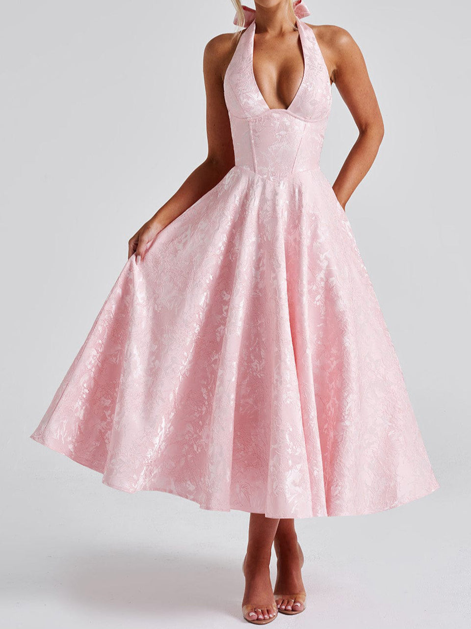 V-neck Halter Jacquard Dress Senior Evening Dress Spring/Summer Elegance Sleeveless Backless Waist Trimming Long Dress