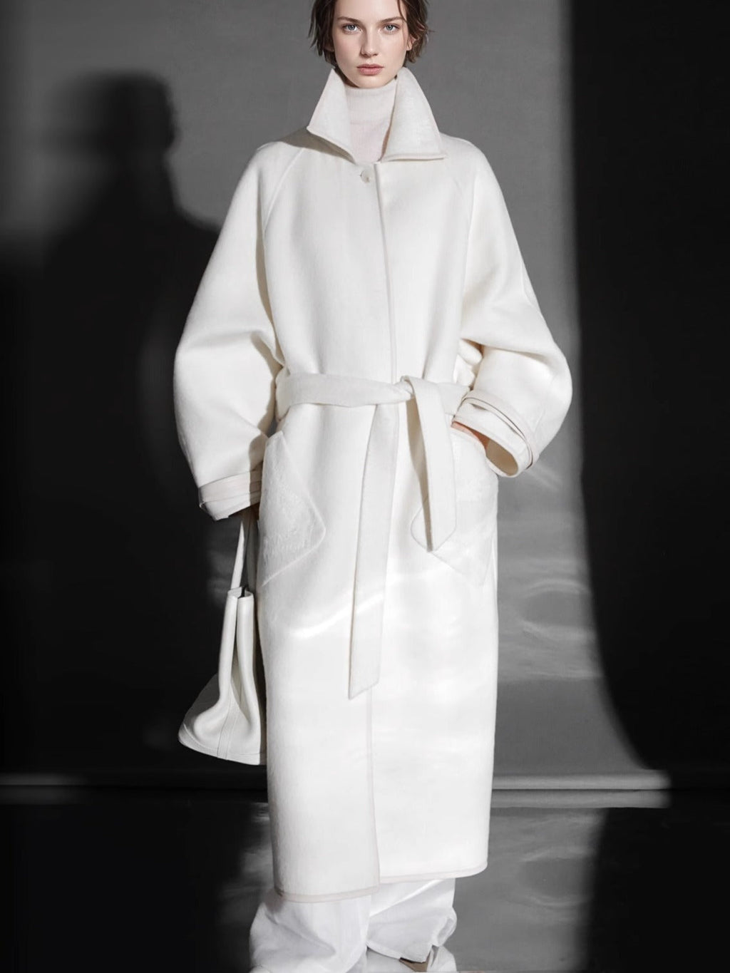 Chain Pattern Wool Coat for Women – Double-Faced Alpaca Wool Overcoat with Leather Trim, Chic Oversized Silhouette Winter Outerwear
