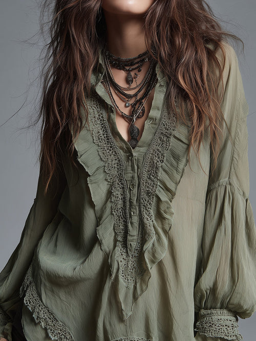 Bohemian-style Chiffon Blouse With Lace Trim